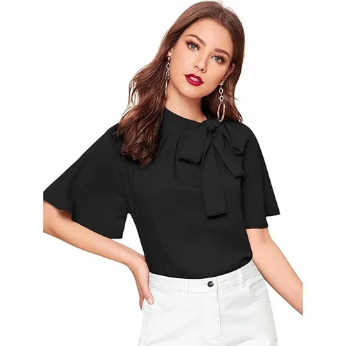 Women's Elegant WineRed Bow Tie Neck Blouse Top