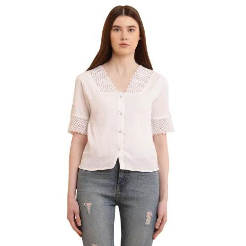 White Regular Fit Ladies Cotton Top - Design: Designer
