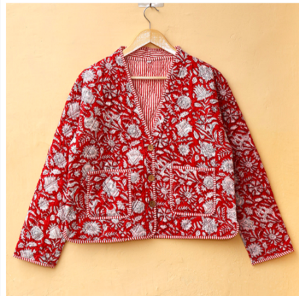 Red And White Hand Block Print Boho Jacket - Bust Size: Requirement Based Millimeter (Mm)