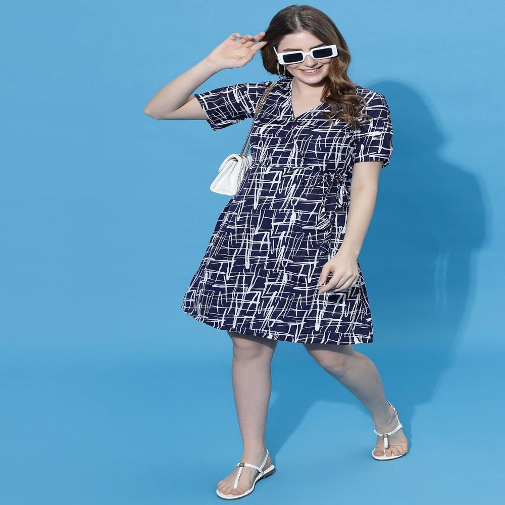 Women's Navy Blue Abstract Print Casual Dress