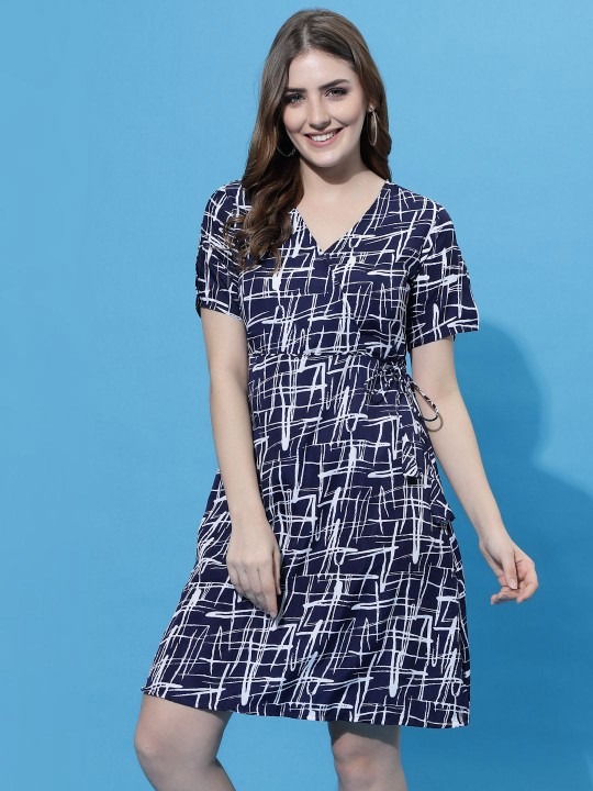Women's Navy Blue Abstract Print Casual Dress