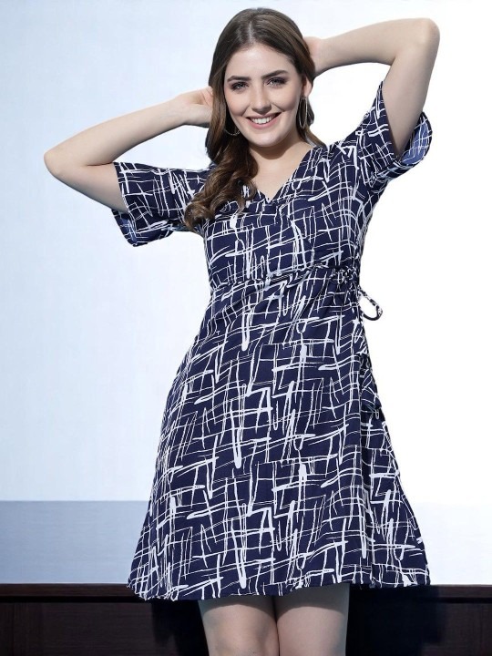 Women's Navy Blue Abstract Print Casual Dress