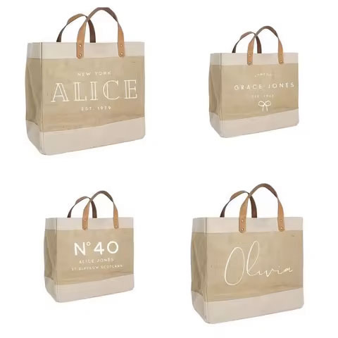 Unisex Natural Jute Shopping Bags PU Leather Handle Promotional Cheap Recycled