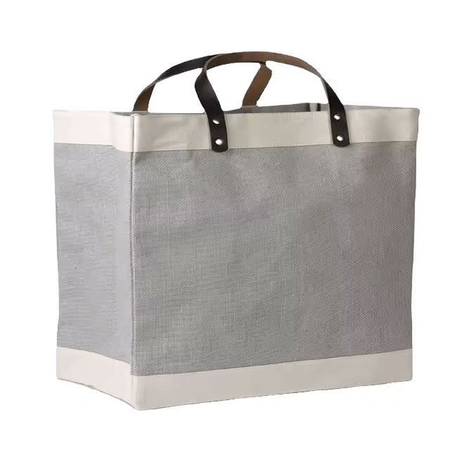 Jute Tote Bag with Leather Handle Recycled Jute Shopping Bag Decorated with Flowers Letter Stylish National Design for Gift