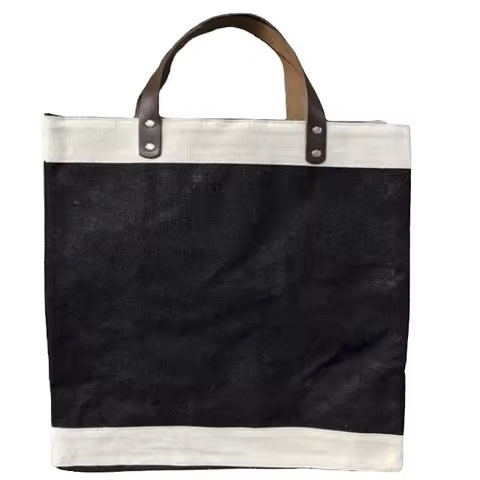 Wholesale Custom Made Vintage Shopping Bags Laminated Leather Handle Pocket Open Elegant Lady Jute Grocery Gift Promotion