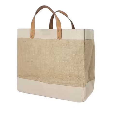 Luxury Large Jute Shopping Bag with Leather Handle National Style and Letter Decoration for Online Sale or Gift
