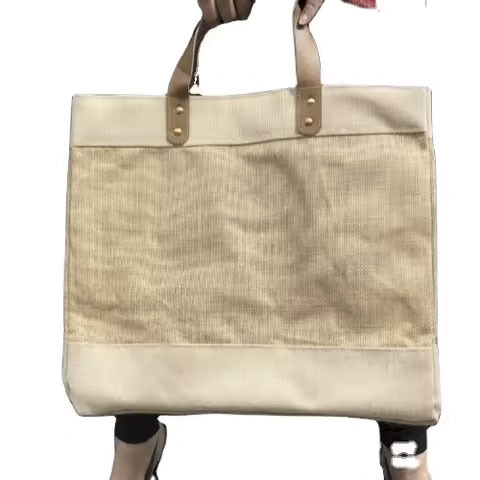 Wholesale Custom Logo Printed Jute Grocery Shopping Tote Bag with Leather Handle Large Hemp Burlap Letter Pattern for Gift