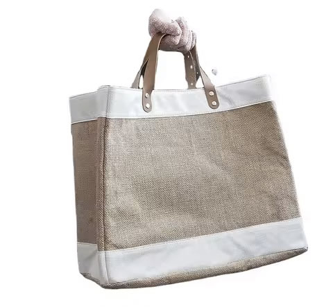 Wholesale Eco-Friendly Jute Leather Handle Tote Bag Ins Style Burlap Bag Jute Fabric Button Closure Printed Logo Gift Packaging