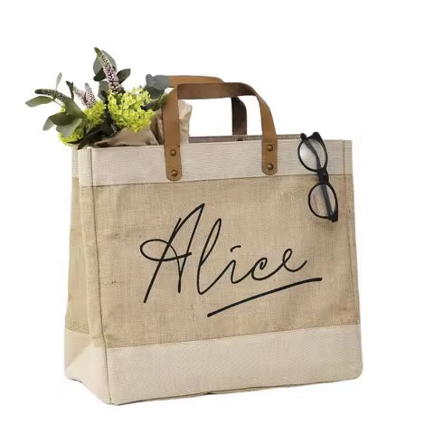 Eco-friendly Jute Tote Bag with Cotton Accents and Leather Handles Soft Beach Tote Bag for Gift National Style