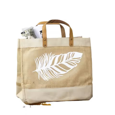 Online Shopping Jute Bag Custom Logo Reusable Canvas Jute Tote Burgundy Leather Handle Boutique Linen Handbag