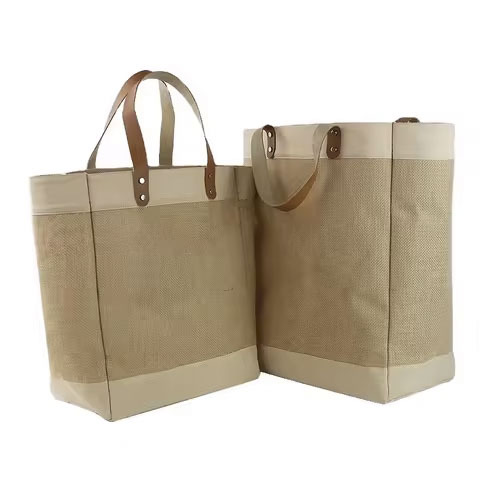 Reusable Grocery Tote Bags Burlap Beach Jute Tote Shopping Bag for Women With Leather Handles