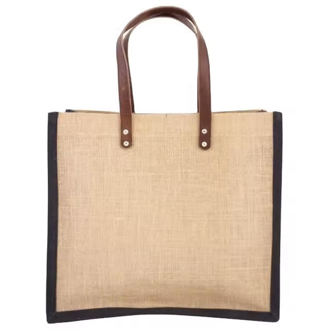 Wholesale Custom Logo Black Burlap Jute Bag Leather Handle Large Capacity Shopping Bag Jute Fabric Lining Natural Style Print