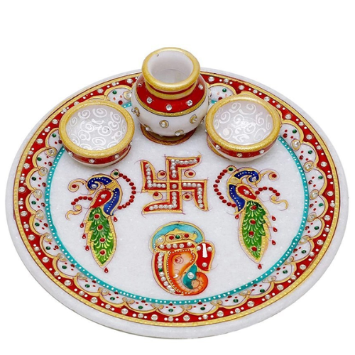 Designer Marble Pooja Thali - Color: Multi-color