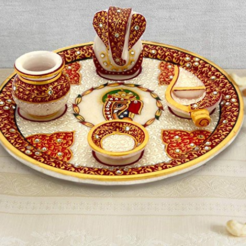 Designer Marble Pooja Thali - Color: Multi-color