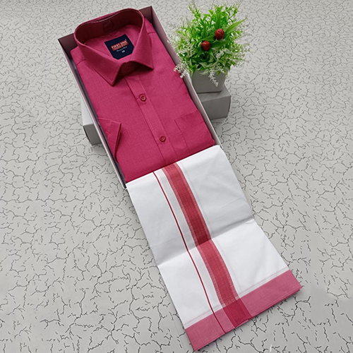 Mens Cotton Shirt With Dhoti - Color: Pink
