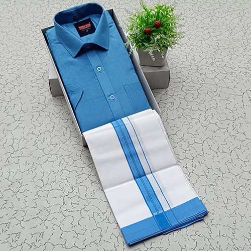 Sky Blue Cotton Shirt With Dhoti - Feature: Washable