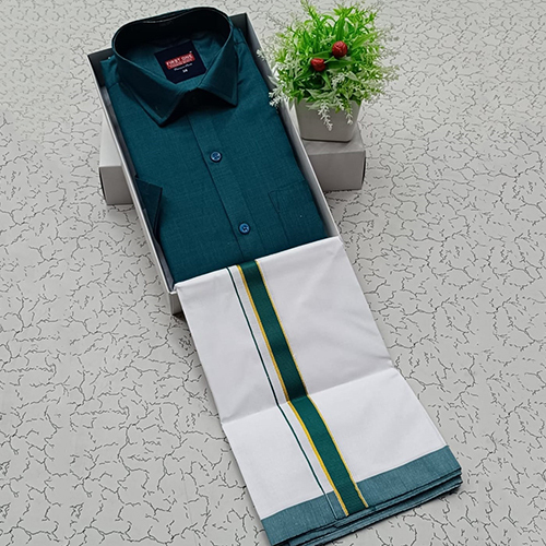 Mens Plain Cotton Shirt With Dhoti - Color: Dark Blue