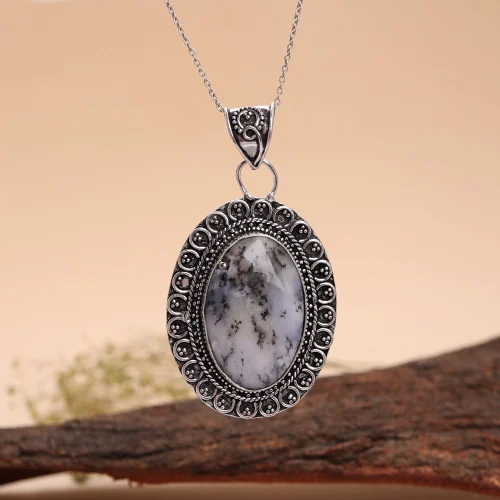 Natural Dendrite Opal Gemstone Handmade 925 Silver Plated Pendant Jewelry