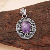 Oxidized Silver Pendant With Chain Natural Amethyst Stone Vintage Ethnic Jewelry - Hardness: Rigid