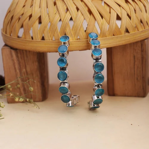 Ocean Aqua Stud Earrings Silver Polished Brass Earrings For women Gift