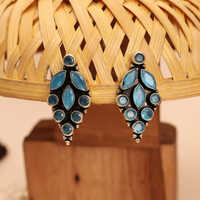 Gold Finish Beautiful leaf patern Monalisa Stone Brass Stud Earrings Traditional Handcrafted Design