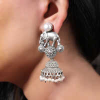 Tribal Style Elephant Jhumka Earring With Pearls Antique Silver Earrings - Gender: Women