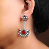 Tribal Boho Antique Earrings In German Silver Finish Red Gemstone Centerpiece - Gender: Women