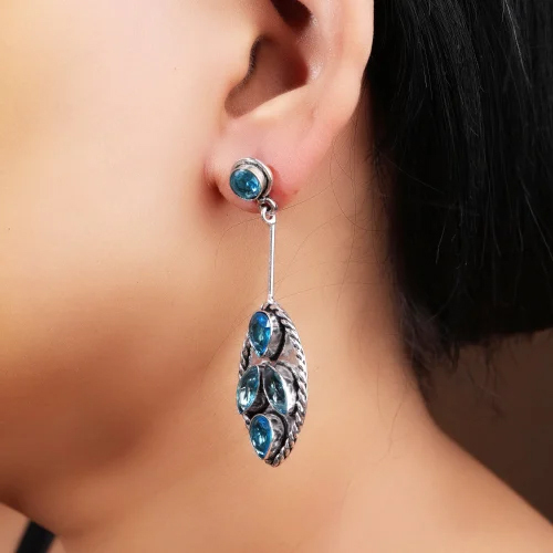 Handcrafted Blue Stone Silver Dangle Earrings for Women