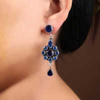 Elegant Royal Blue Stone Floral Dangler Earrings Silver Finish Brass Earrings