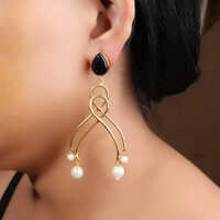 Graceful Twist Elegant Gold-plated Drop Earrings With Black Stone And Pearl Danglers  / Oxidized Jewelry, Brass Earrings, Handmade Jewelry, Jhumka, Indian Jewelry - Color: Golden