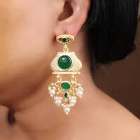Gold-Plated Long Dangler Earrings with Pearls Drop Emerald Color Stones Earrings
