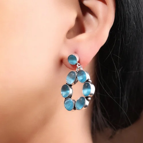 Aqua Blue Monalisa Stone Hoop Earrings in Oxidized Finish Fashion Earrings For Girls