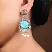 Two-Tone Fashion Blue Stone & Pearl Dangle Earrings For Women and Girls