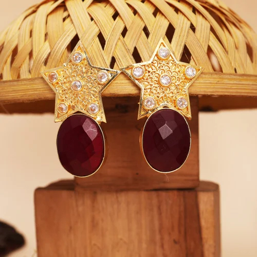 Designer Star-Shaped Gold Plated Earrings with Red Cut Stone