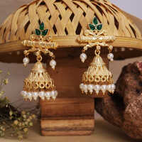 Royal Gold Plated Jhumka Earrings with Pearls & Green Stone Detailing