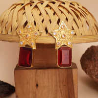 Gold Textured Bold Star Design Earrings With Red Gemstone Drop For Women And Girls - Color: Golden