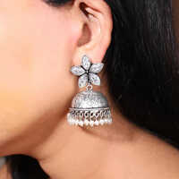 Oxidised Floral Top Jhumka Earrings With Hanging Pearls - Color: Silver