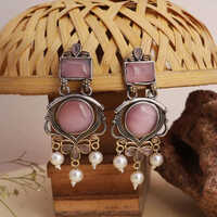 Beautiful Two-tone Elegant Oxidized Silver Earrings Monalisa Stone Earrings With Pearls Drops  Oxidized Jewelry, Brass Earrings, Handmade Jewelry, Jhumka, Indian Jewelry - Gender: Women