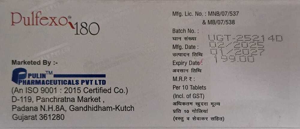 Pulfexo 180 - Drug Type: General Medicines