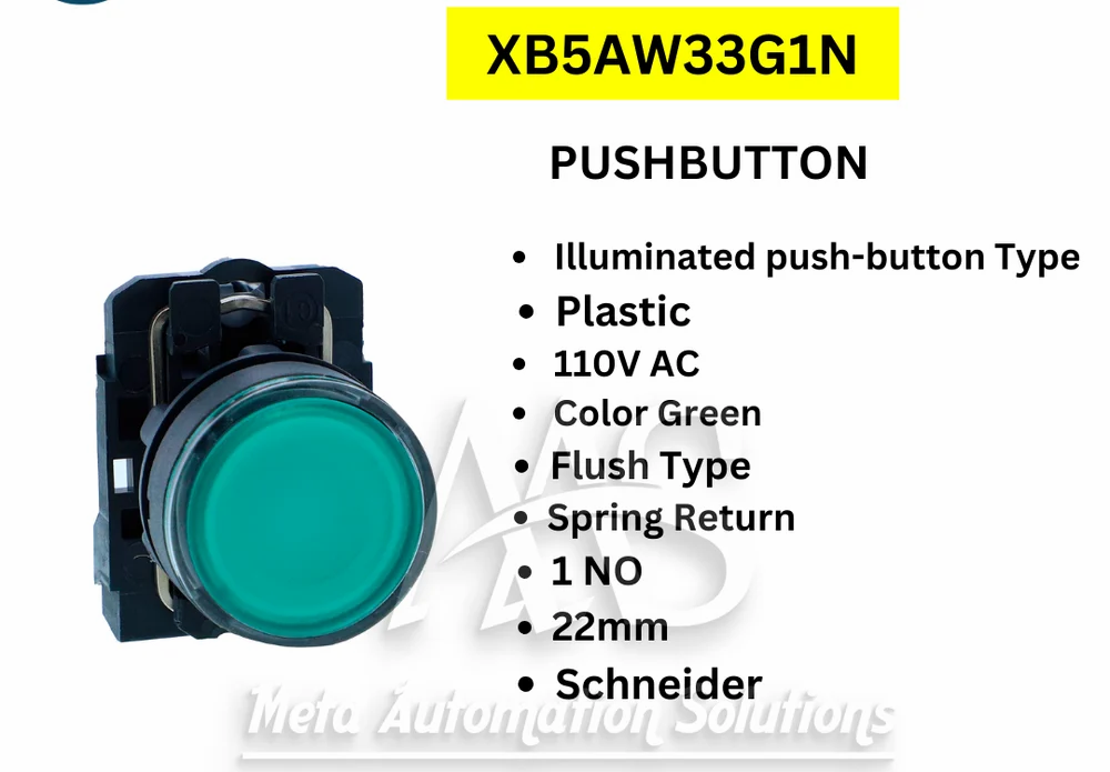 XB5AW33G1N-Illuminated pushbutton, Harmony XB5N XB7N, plastic, flush, green, 22mm, spring return, 110V AC, 1 NO