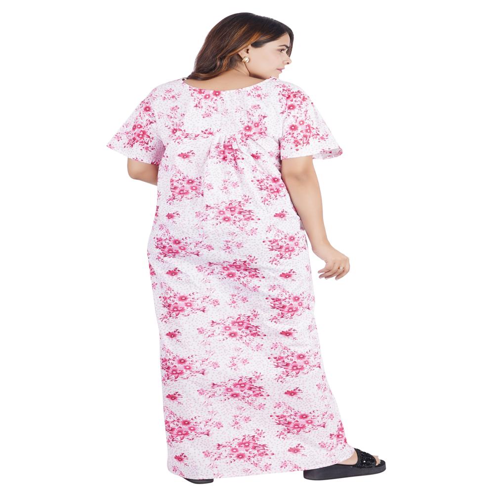 3XL Ladies Printed Pure White Cotton Nighty