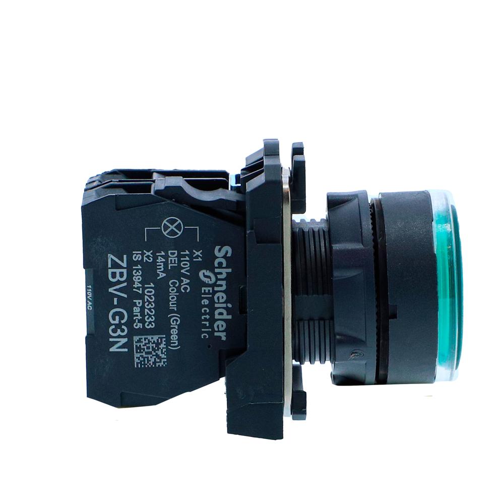 XB5AW33G1N-Illuminated pushbutton, Harmony XB5N XB7N, plastic, flush, green, 22mm, spring return, 110V AC, 1 NO