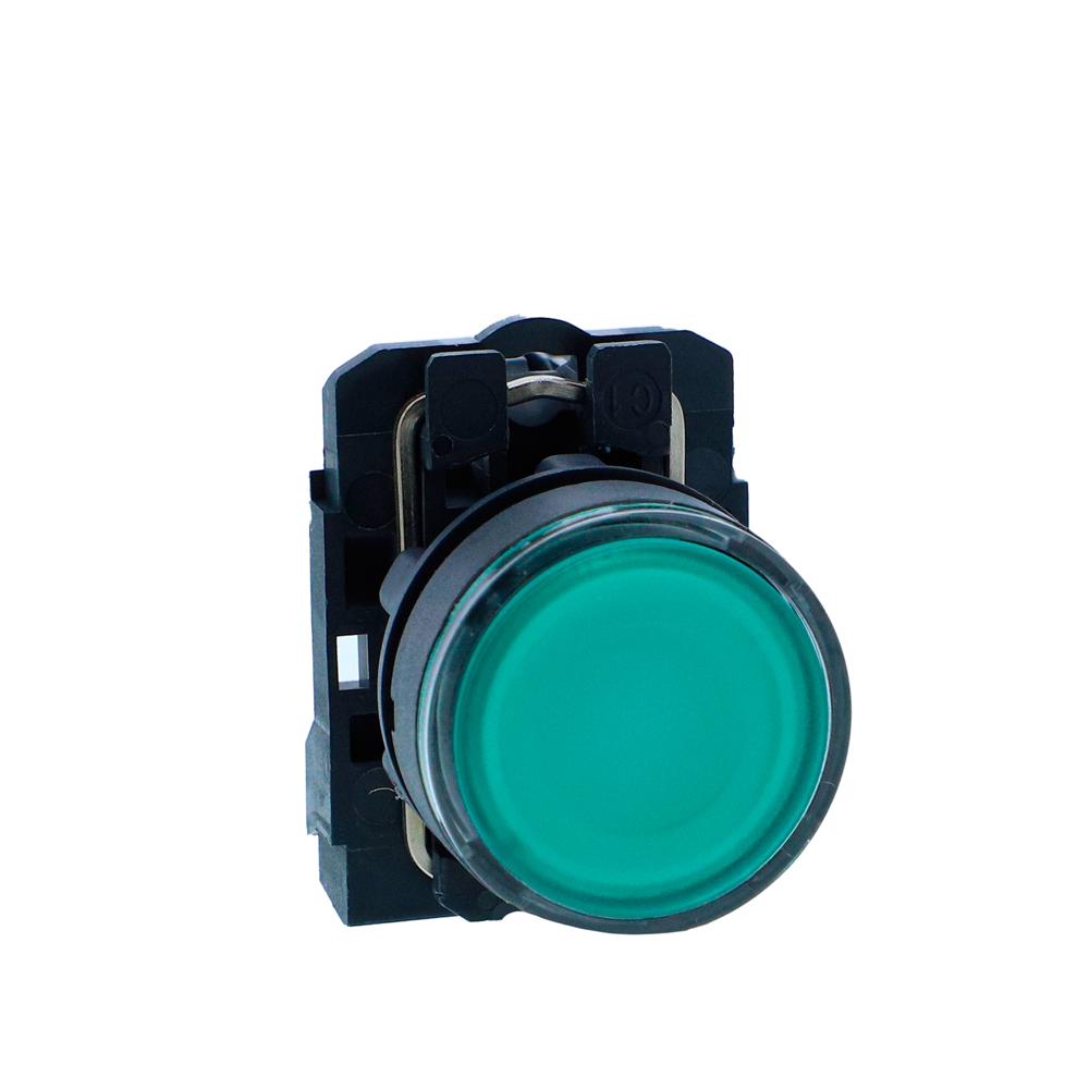 XB5AW33G1N-Illuminated pushbutton, Harmony XB5N XB7N, plastic, flush, green, 22mm, spring return, 110V AC, 1 NO