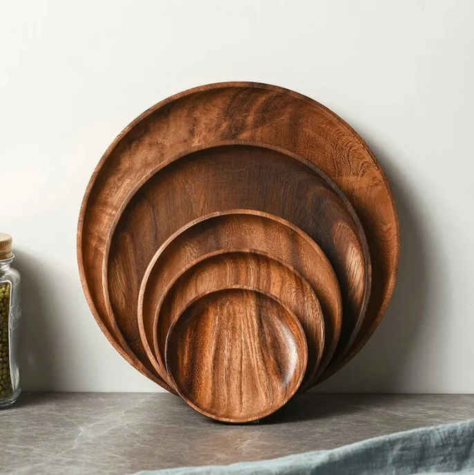  Acacia Wood Dinner Plates, 8 Inch Round Wood Plates Set of 4, Easy Cleaning & Lightweight for Dishes Snack, Dessert, Unbreakable Classic Charger Plates - for Christmas Gift