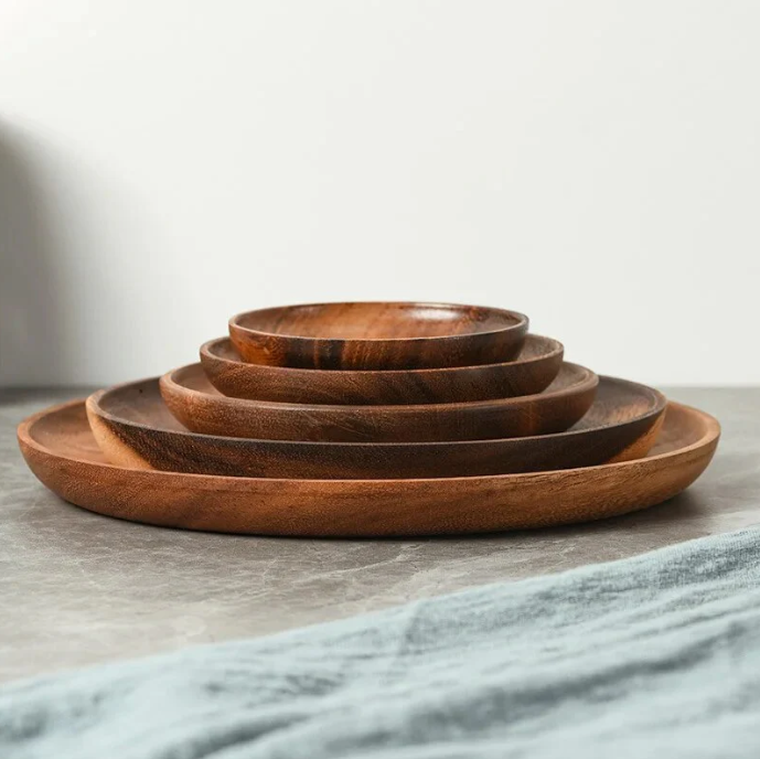 Acacia Wood Dinner Plates, 8 Inch Round Wood Plates Set of 4, Easy Cleaning & Lightweight for Dishes Snack, Dessert, Unbreakable Classic Charger Plates - for Christmas Gift