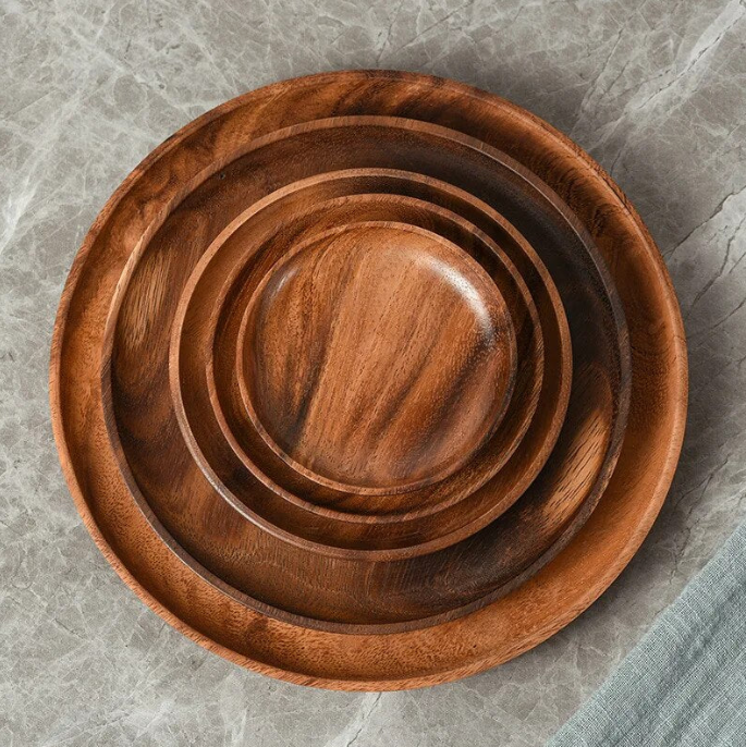 Acacia Wood Dinner Plates, 8 Inch Round Wood Plates Set of 4, Easy Cleaning & Lightweight for Dishes Snack, Dessert, Unbreakable Classic Charger Plates - for Christmas Gift