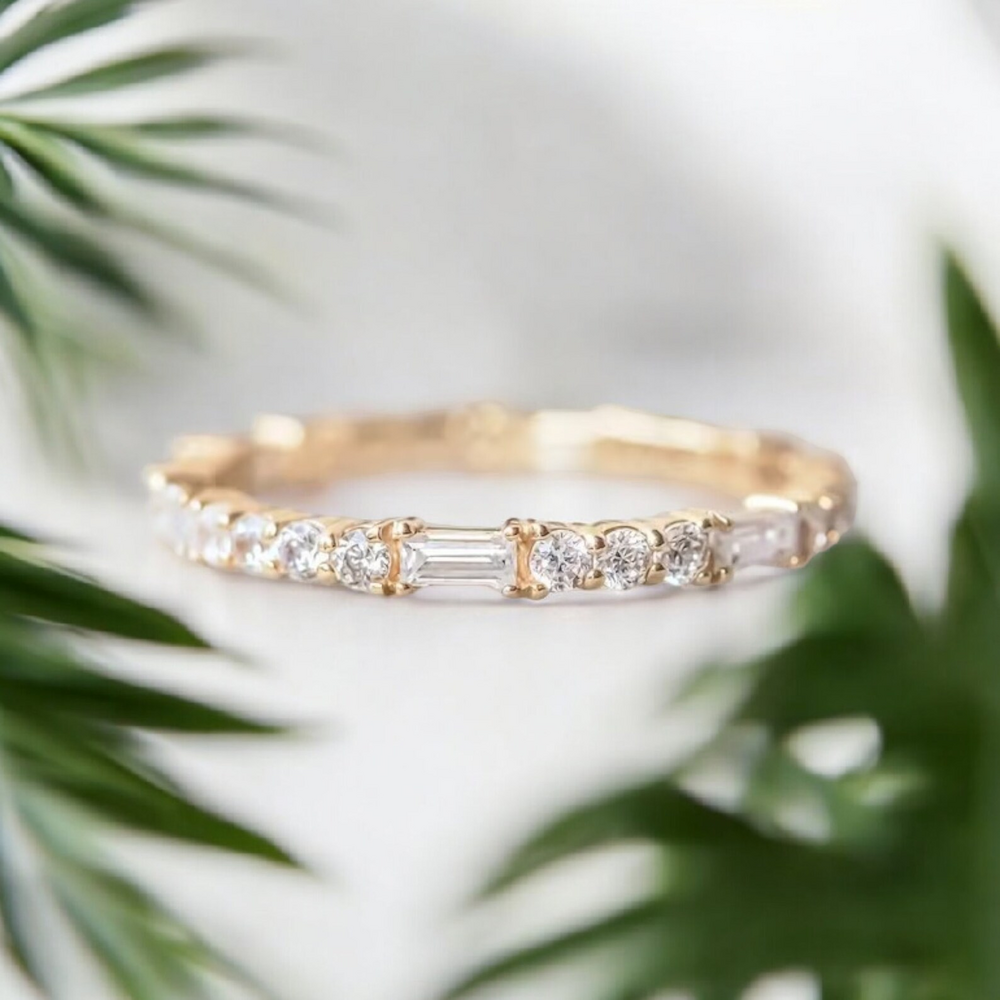 Baguette & Round Cut Moissanite Wedding Band Bridal Matching Band 14K Gold Stackable Engagement Band Unique Band Anniversary Gift For Wife