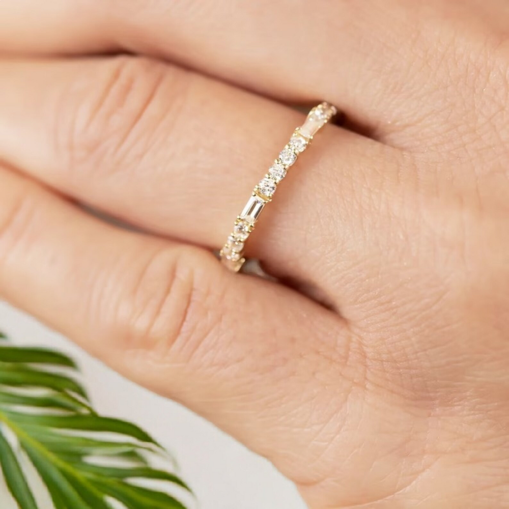 Diamond Ring - 14k Gold, Round & Baguette Cut Moissanite, 1.30 Tcw, Colorless Vvs, Customizable Engraving, Stackable Design, Unique Bridal & Anniversary Band