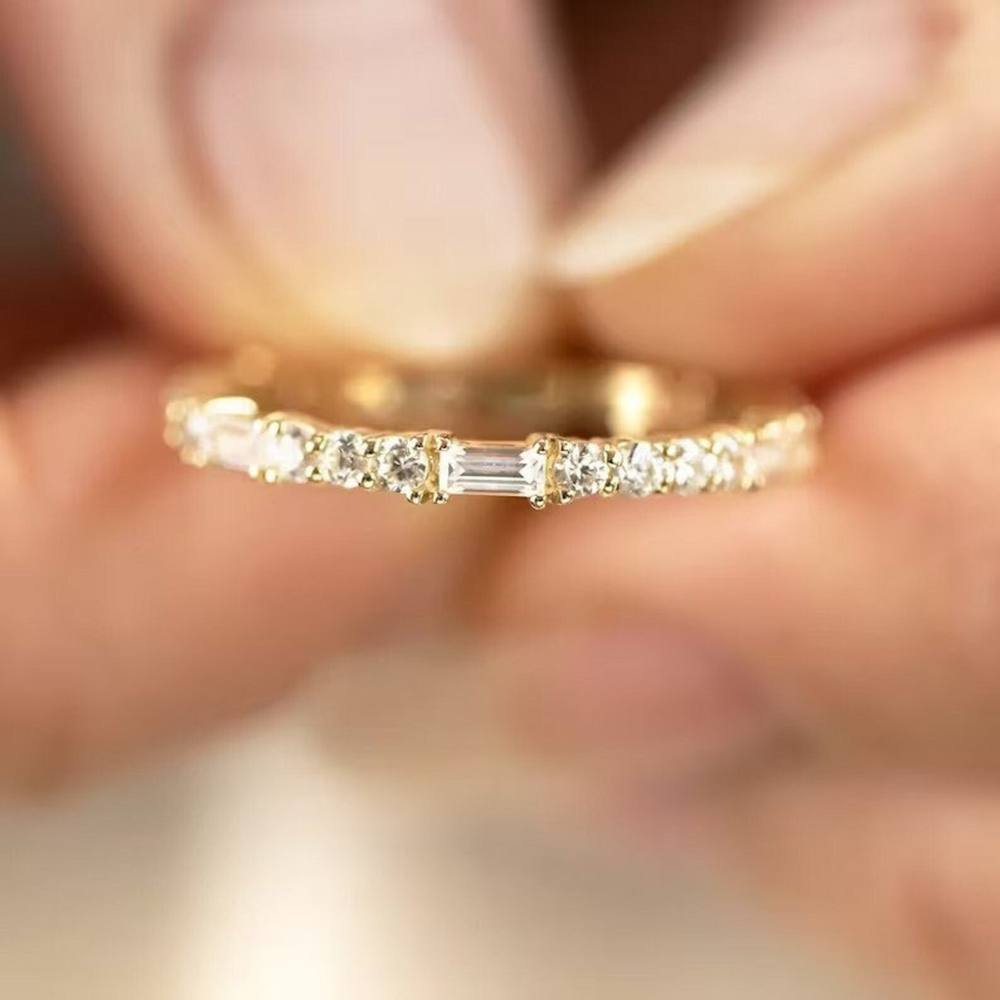 Diamond Ring - 14k Gold, Round & Baguette Cut Moissanite, 1.30 Tcw, Colorless Vvs, Customizable Engraving, Stackable Design, Unique Bridal & Anniversary Band