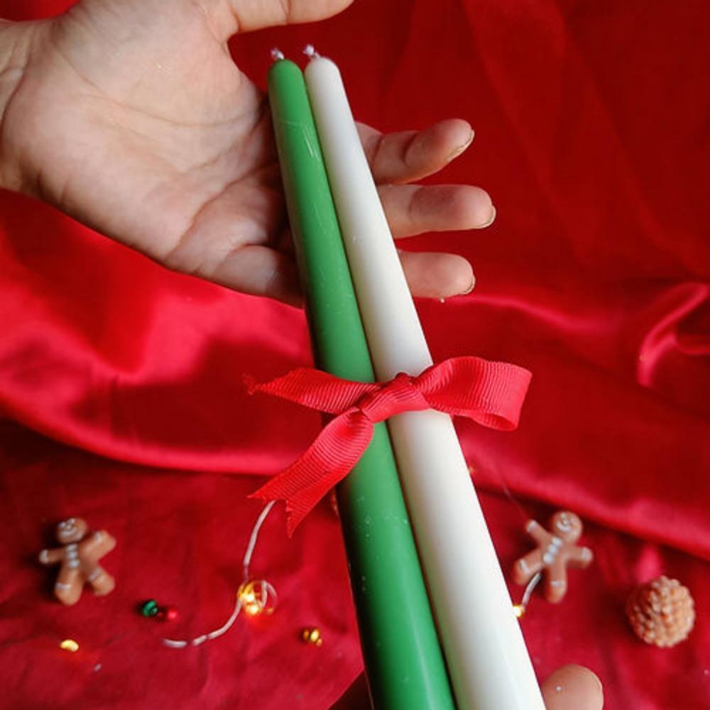 Green And White Christmas Taper Candles - Design Type: Na